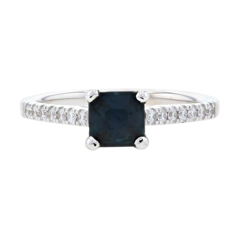 White Gold Sapphire & Diamond Engagement Ring, 14k Asscher Cut .85ctw For Sale