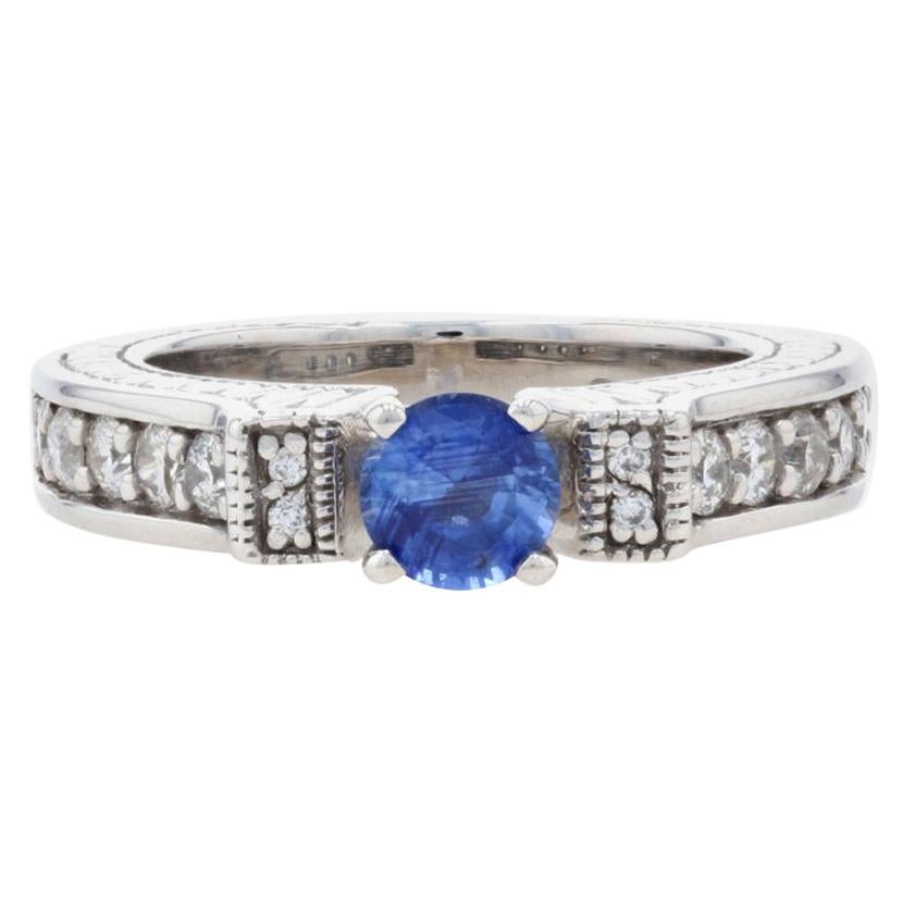 White Gold Sapphire & Diamond Engagement Ring, 14k Round 1.11ctw Etched Milgrain