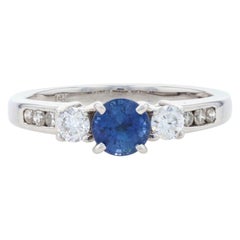 White Gold Sapphire & Diamond Engagement Ring, 14k Round Cut 1.03ctw