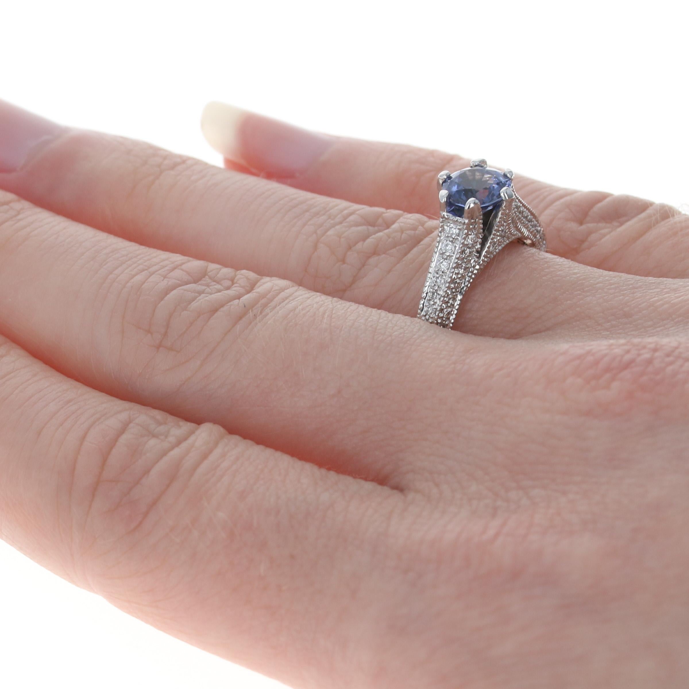 Women's White Gold Sapphire & Diamond Engagement Ring, 14k Round Cut 1.47ctw Milgrain For Sale