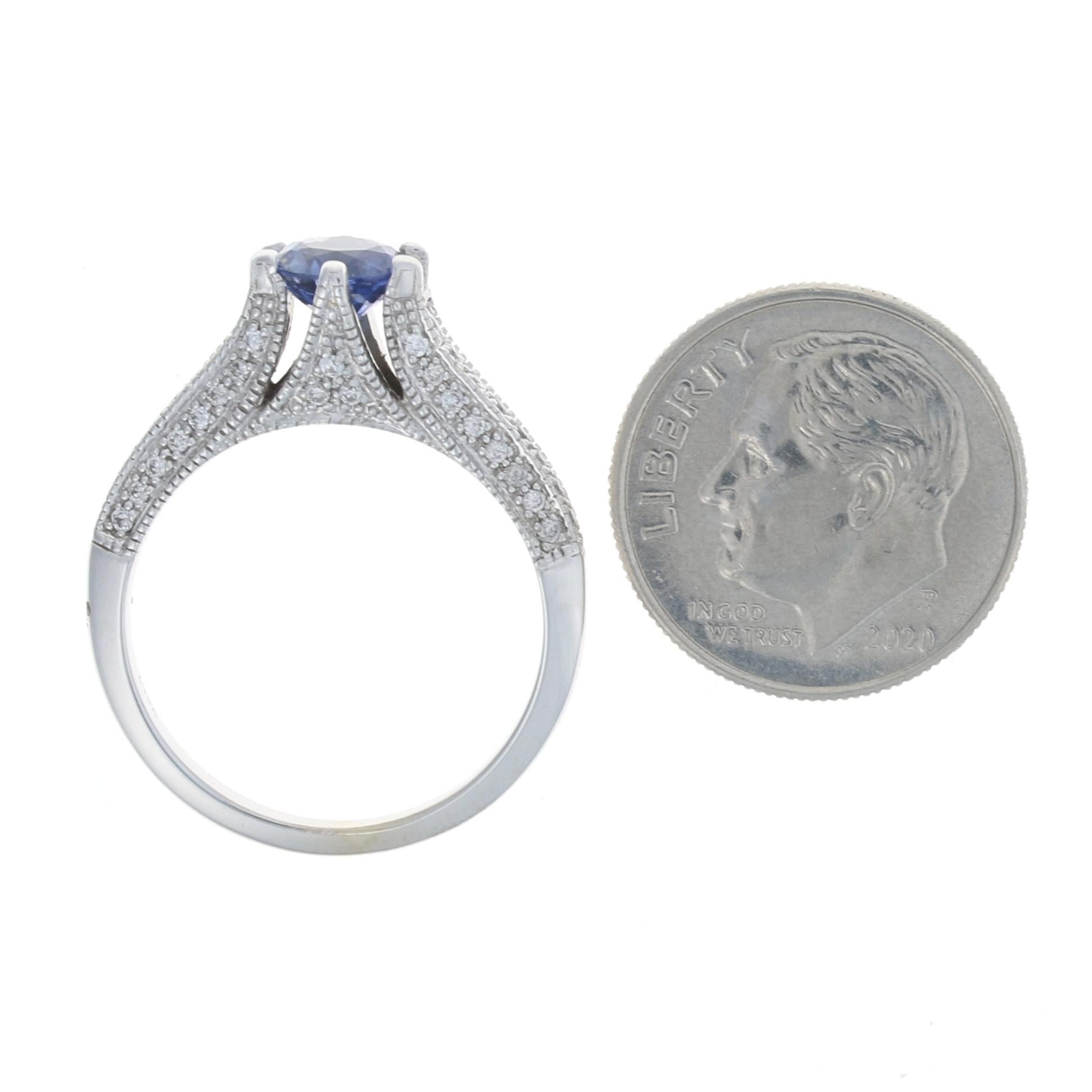White Gold Sapphire & Diamond Engagement Ring, 14k Round Cut 1.47ctw Milgrain For Sale 1