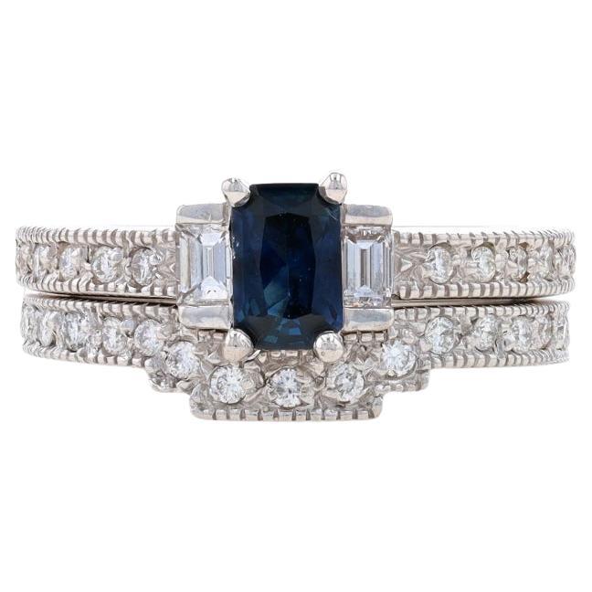 White Gold Sapphire & Diamond Engagement Ring & Wedding Band 14k Emerald 1.00ctw For Sale