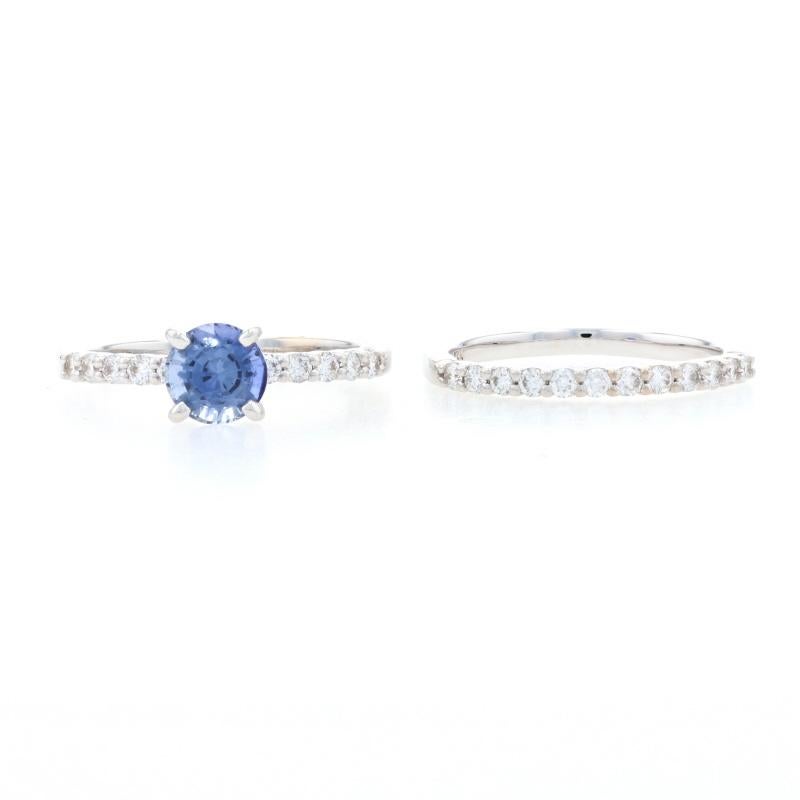 Women's White Gold Sapphire & Diamond Engagement Ring & Wedding Band - 18k Round 1.76ctw For Sale