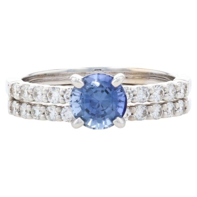 White Gold Sapphire & Diamond Engagement Ring & Wedding Band - 18k Round 1.76ctw For Sale
