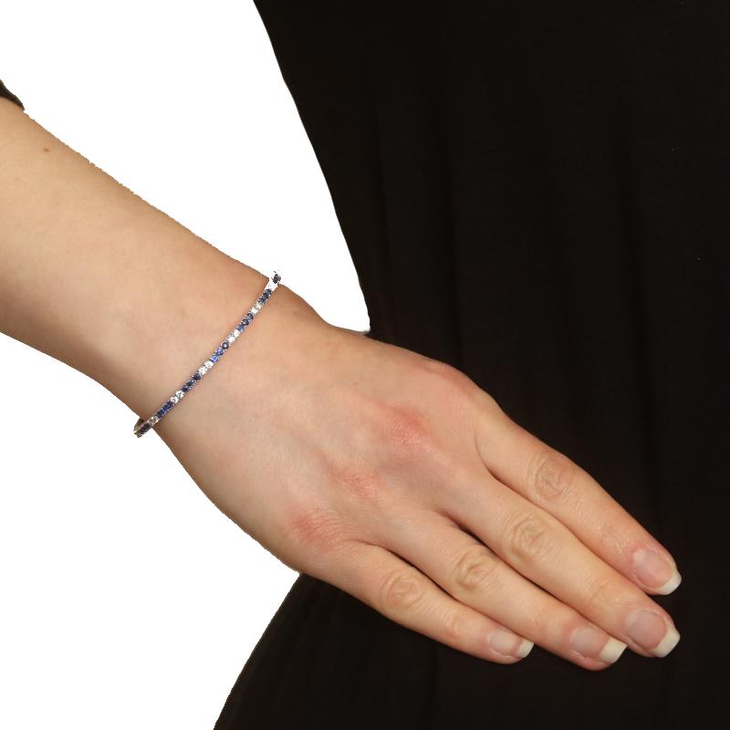 Round Cut White Gold Sapphire & Diamond Flex Bangle Bracelet 6 1/2