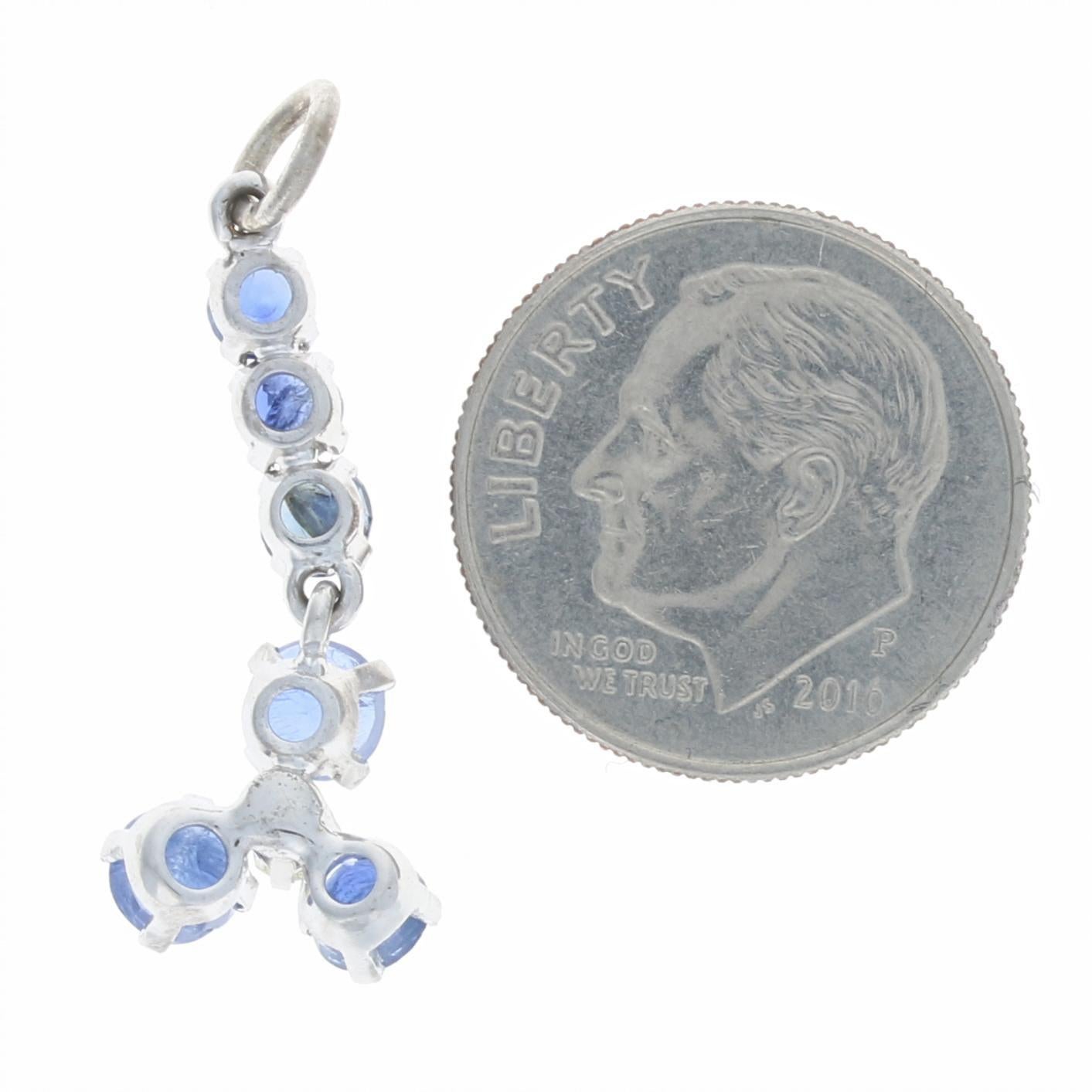 Round Cut White Gold Sapphire & Diamond Flower Drop Pendant, 14k Round Brilliant 1.42ctw For Sale