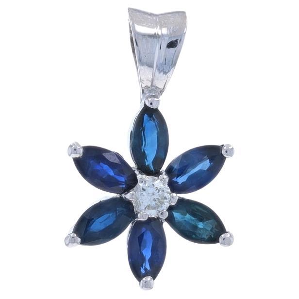 White Gold Sapphire Diamond Flower Pendant - 14k Marquise 2.51ctw Halo For Sale