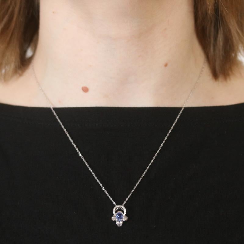 Oval Cut White Gold Sapphire & Diamond Flower Pendant Necklace 17 3/4