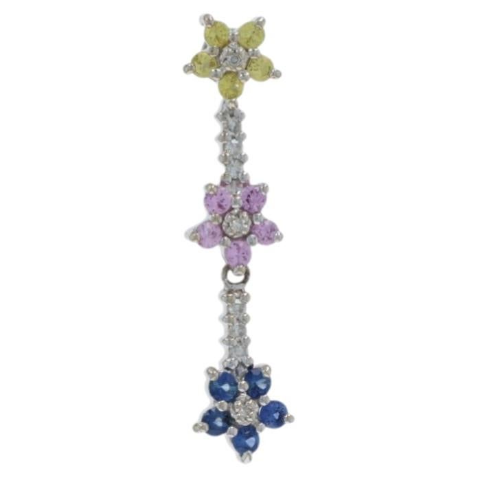 White Gold Sapphire Diamond Flower Trio Cluster Drop Pendant - 10k Round .74ctw For Sale