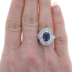 White Gold Sapphire & Diamond Halo Bypass Ring - 18k Oval 4.18ctw GIA