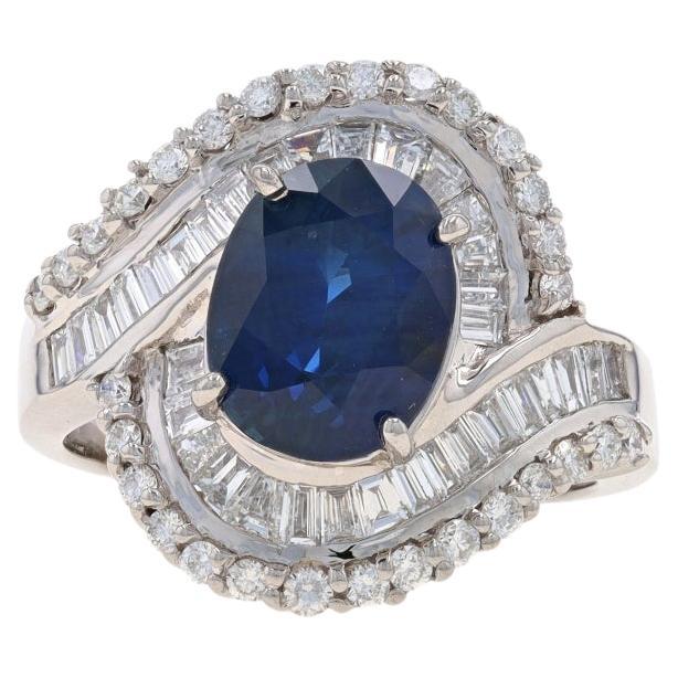 White Gold Sapphire & Diamond Halo Bypass Ring - 18k Oval 4.18ctw GIA For Sale