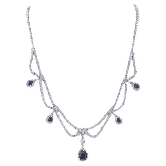 White Gold Sapphire Diamond Halo Dangle Necklace 15 3/4" - 18k Pear 7.25ctw For Sale