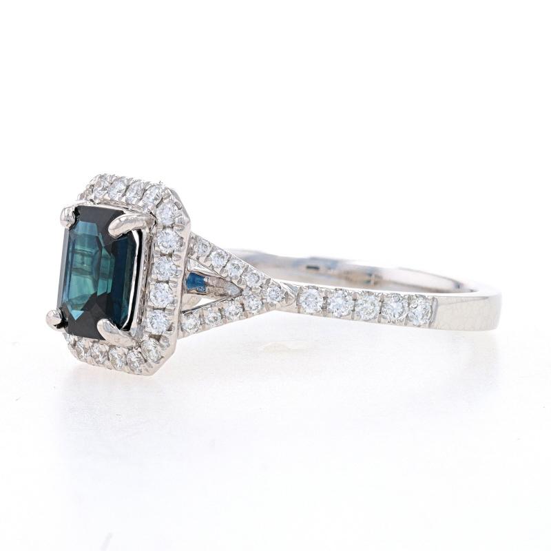 White Gold Sapphire & Diamond Halo Engagement Ring - 14k Emerald Cut 1.54ctw In Excellent Condition For Sale In Greensboro, NC