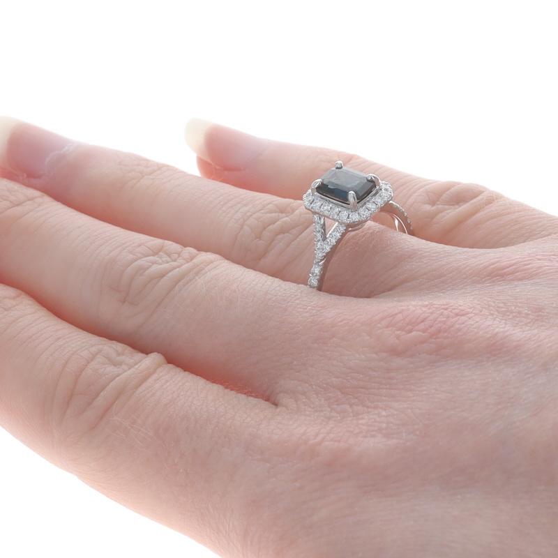Women's White Gold Sapphire & Diamond Halo Engagement Ring - 14k Emerald Cut 1.54ctw For Sale