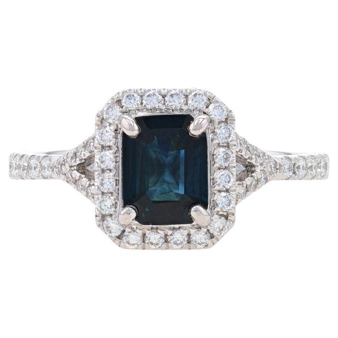White Gold Sapphire & Diamond Halo Engagement Ring - 14k Emerald Cut 1.54ctw For Sale