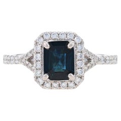 White Gold Sapphire & Diamond Halo Engagement Ring - 14k Emerald Cut 1.54ctw
