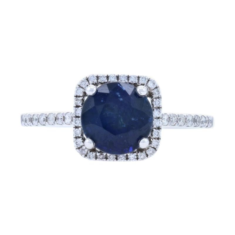 White Gold Sapphire & Diamond Halo Engagement Ring, 14k Round 2.07ctw Cathedral