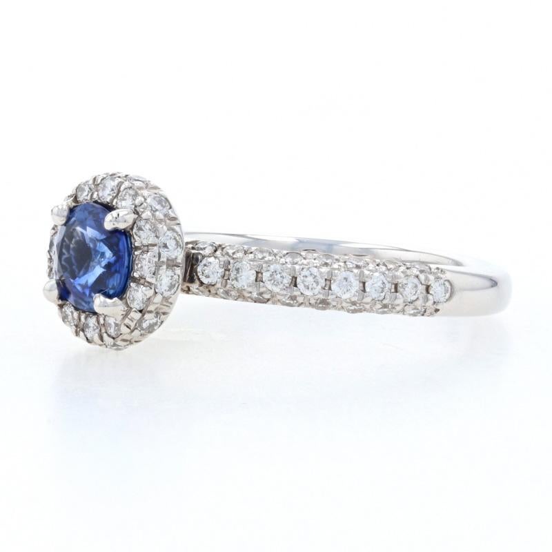 White Gold Sapphire & Diamond Halo Engagement Ring - 14k Round Cut 1.43ctw In Excellent Condition For Sale In Greensboro, NC