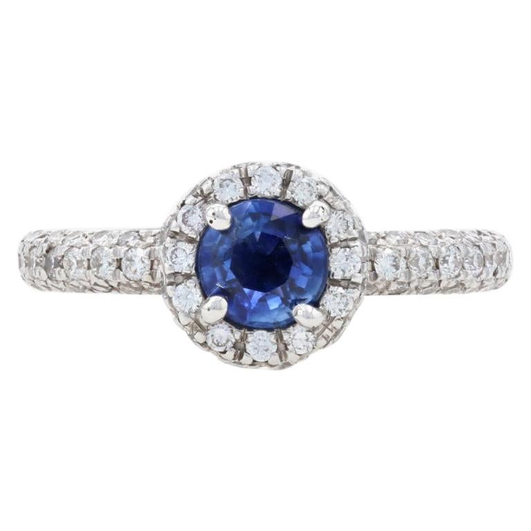 White Gold Sapphire & Diamond Halo Engagement Ring, 14k Round Cut 1.43ctw