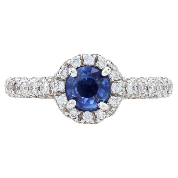 White Gold Sapphire & Diamond Halo Engagement Ring - 14k Round Cut 1.43ctw For Sale