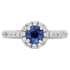 White Gold Sapphire & Diamond Halo Engagement Ring - 14k Round Cut 1.43ctw
