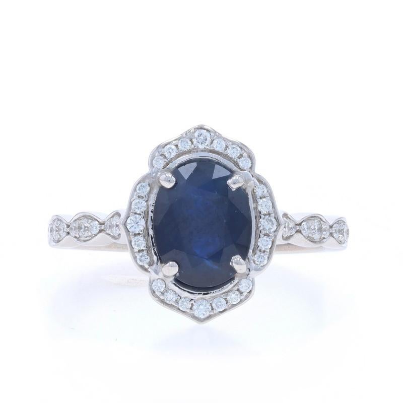 Size: 8 1/2
Sizing Fee: Up 2 sizes for $40 or Down 1 size for $30

Metal Content: 18k White Gold

Stone Information

Natural Sapphire
Treatment: Heating
Carat(s): 2.17ct (weighed)
Cut: Oval
Color: Blue

Natural Diamonds
Carat(s): .25ctw (carat