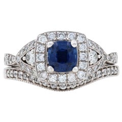 White Gold Sapphire Diamond Halo Engagement Ring Wedding Band 14k Cushion 1.51ct