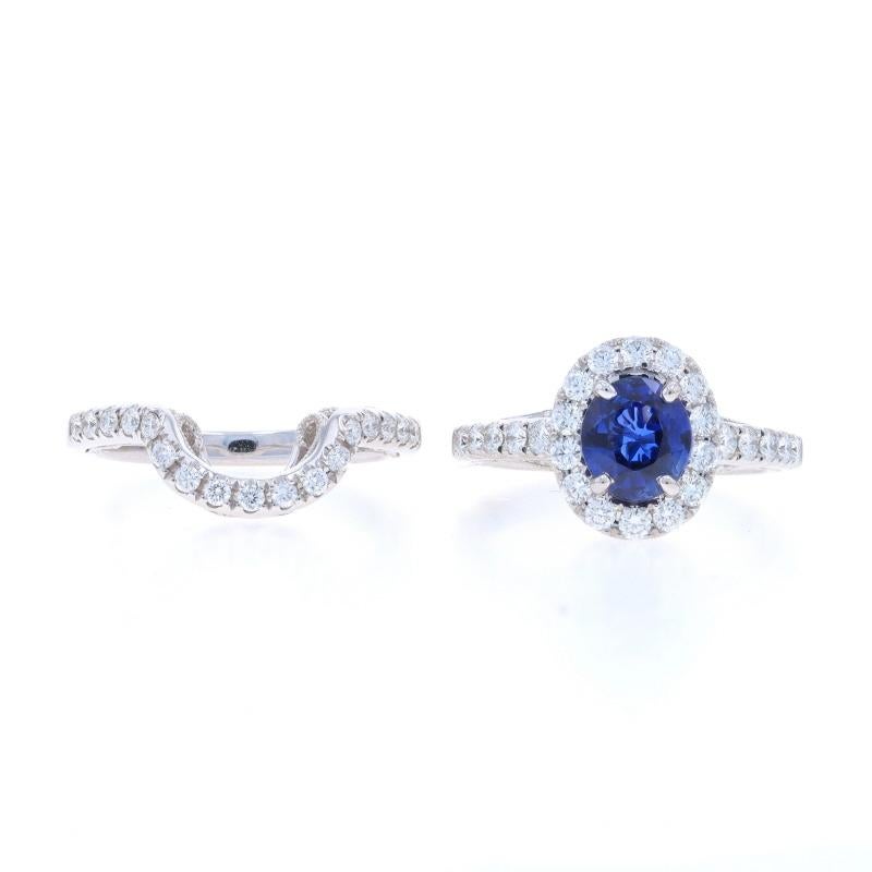 White Gold Sapphire Diamond Halo Engagement Ring & Wedding Band 18k Oval 2.59ctw For Sale 2