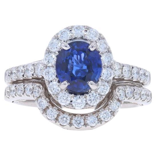 White Gold Sapphire Diamond Halo Engagement Ring & Wedding Band 18k Oval 2.59ctw
