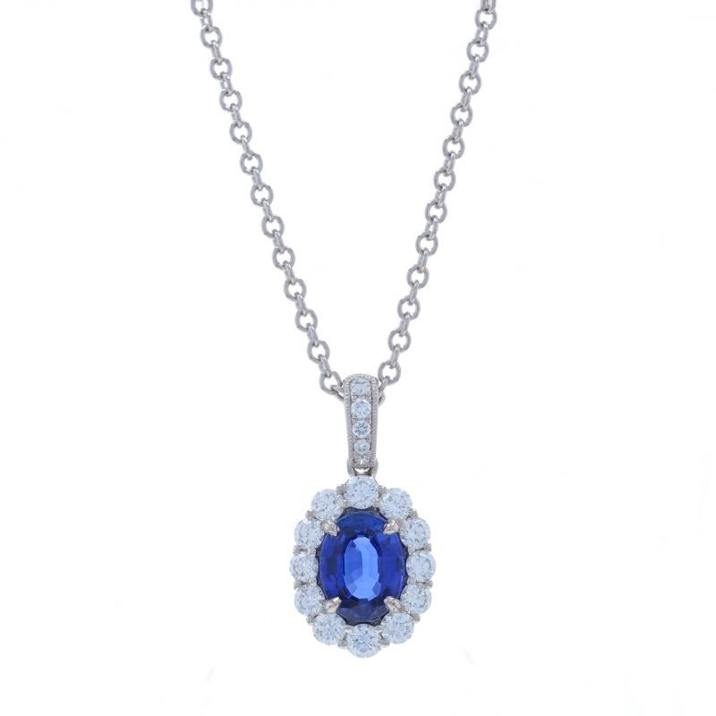 Metal Content: 14k White Gold & 950 Platinum

Metal Note: (14k gold pendant with 950 platinum necklace)

Stone Information

Natural Sapphire
Treatment: Heating
Carat(s): 1.36ct
Cut: Oval
Color: Blue
Origin: Madagascar
Certified by: GIA
Report
