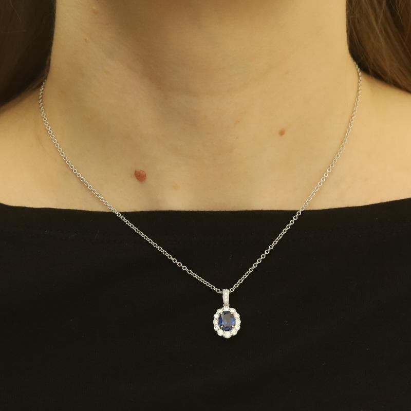 White Gold Sapphire Diamond Halo Necklace 14k & Platinum Oval 1.98ctw GIA Adjust In New Condition For Sale In Greensboro, NC