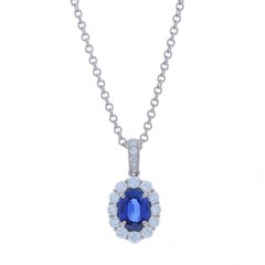 White Gold Sapphire Diamond Halo Necklace 14k & Platinum Oval 1.98ctw GIA Adjust