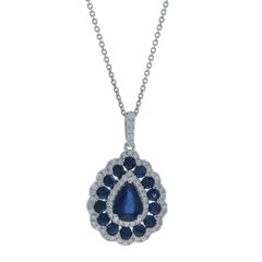White Gold Sapphire Diamond Halo Necklace 16" -14k Pear & Round 2.58ctw Teardrop