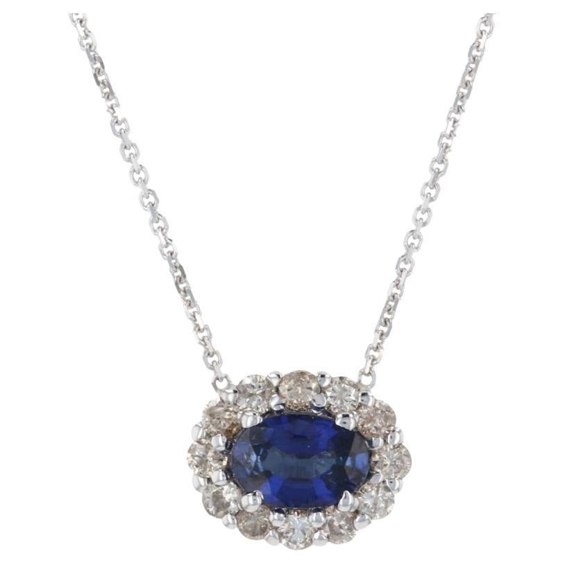 White Gold Sapphire & Diamond Halo Necklace, 14k Oval Cut .91ctw