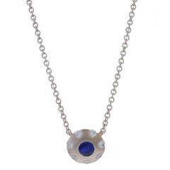 White Gold Sapphire & Diamond Halo Pendant Necklace 16 1/4" - 18k Round 1.00ctw