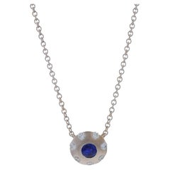 White Gold Sapphire & Diamond Halo Pendant Necklace 16 1/4" - 18k Round 1.00ctw