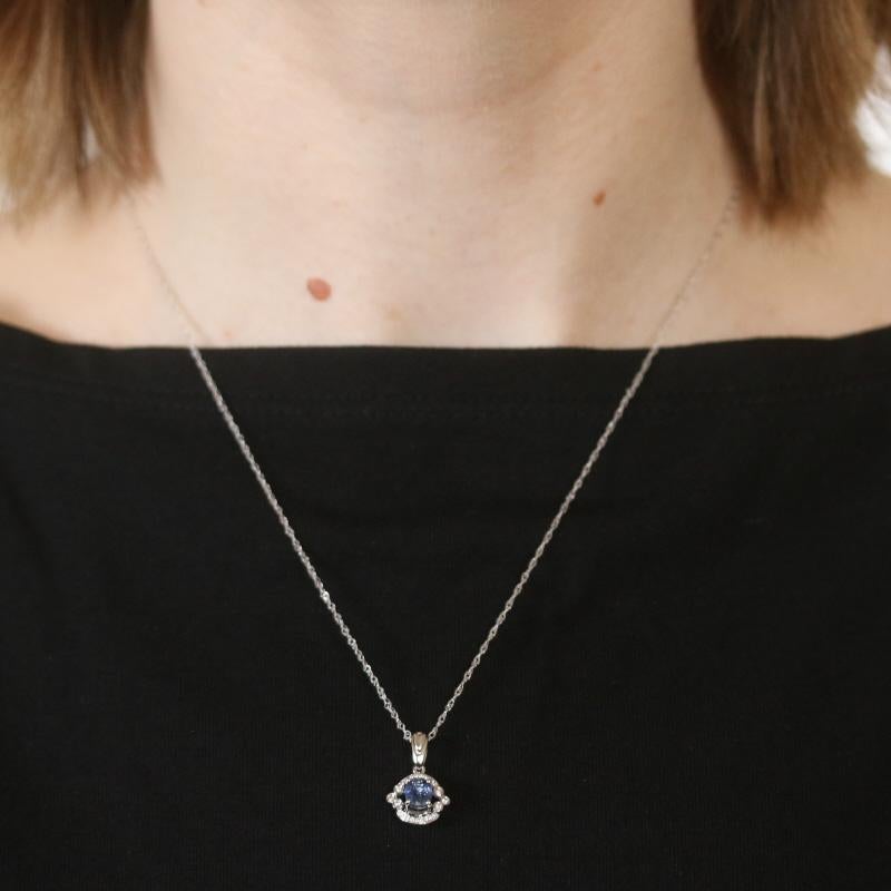 Oval Cut White Gold Sapphire & Diamond Halo Pendant Necklace 18