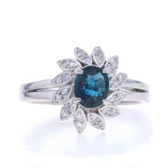 White Gold Sapphire Diamond Halo Ring - 14k Oval 0.58ctw Flower Cathedral