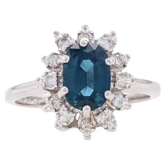 White Gold Sapphire & Diamond Halo Ring - 14k Oval 1.74ctw Flower For Sale