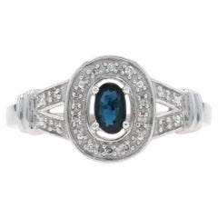 White Gold Sapphire Diamond Halo Ring - 14k Oval .27ctw