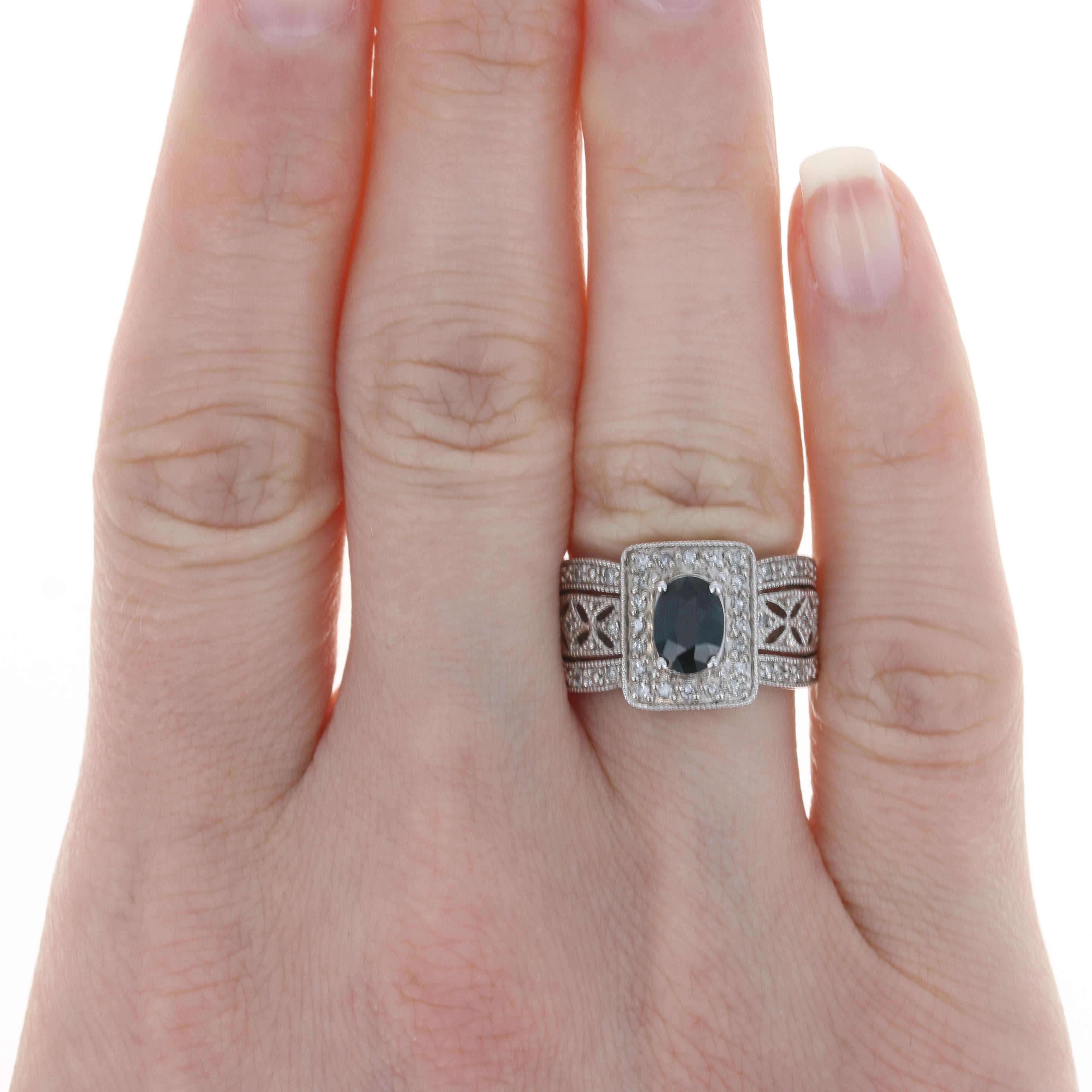 White Gold Sapphire & Diamond Halo Ring, 14k Oval Cut 1.22ctw Milgrain 2