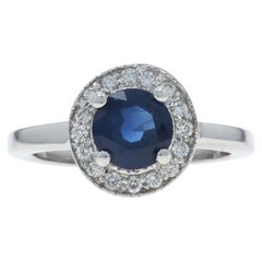 White Gold Sapphire Diamond Halo Ring - 14k Round 1.22ctw