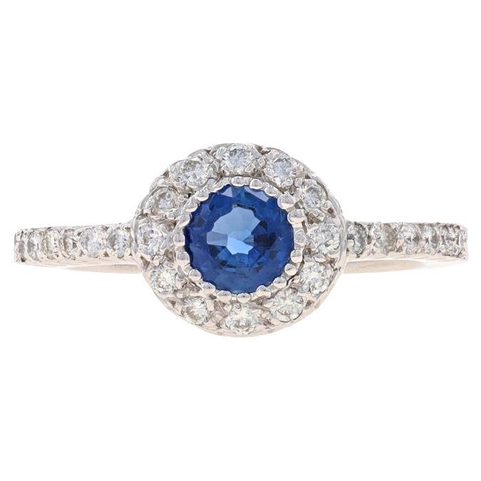 White Gold Sapphire & Diamond Halo Ring - 14k Round .95ctw Engagement For Sale