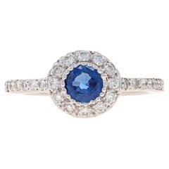 White Gold Sapphire & Diamond Halo Ring - 14k Round .95ctw Engagement