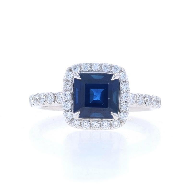 Size: 6 1/2
Sizing Fee: Up 1 size for $40 or Down 1 size for $40

Metal Content: 18k White Gold

Stone Information

Natural Sapphire
Treatment: Heating
Carat(s): 2.21ct
Cut: Asscher
Color: Blue

Natural Diamonds
Carat(s): .75ctw
Cut: Round