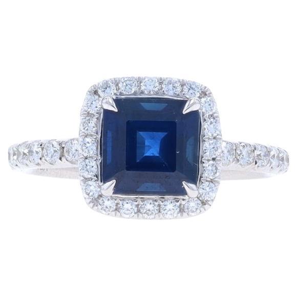 White Gold Sapphire & Diamond Halo Ring - 18k Asscher 2.96ctw Engagement For Sale