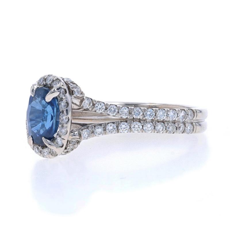 White Gold Sapphire Diamond Halo Ring - 18k Oval 1.74ctw In Excellent Condition For Sale In Greensboro, NC