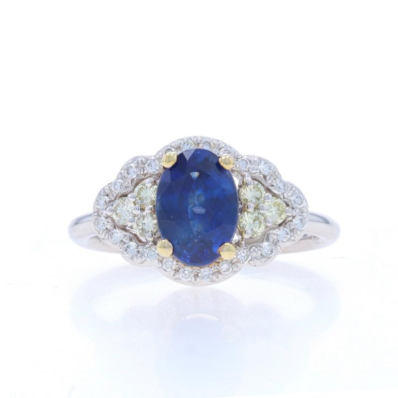 Size: 7
Sizing Fee: Up 3 sizes for $60 or Down 3 sizes for $60

Metal Content: 18k White Gold & 18k Yellow Gold

Stone Information

Natural Sapphire
Carat(s): 1.81ct
Cut: Oval
Color: Blue

Natural Diamonds
Carat(s): .18ctw
Cut: Round