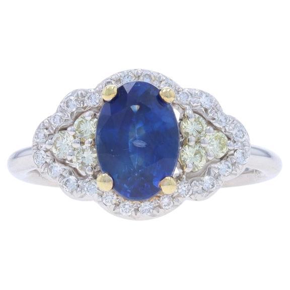 White Gold Sapphire & Diamond Halo Ring - 18k Oval 2.23ctw For Sale