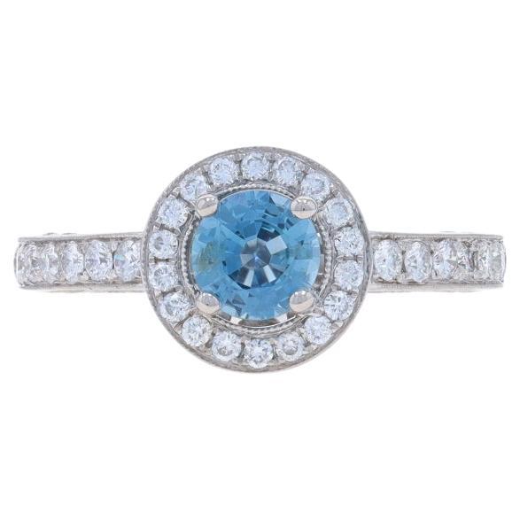 White Gold Sapphire & Diamond Halo Ring - 18k Round 1.53ctw Milgrain Engagement